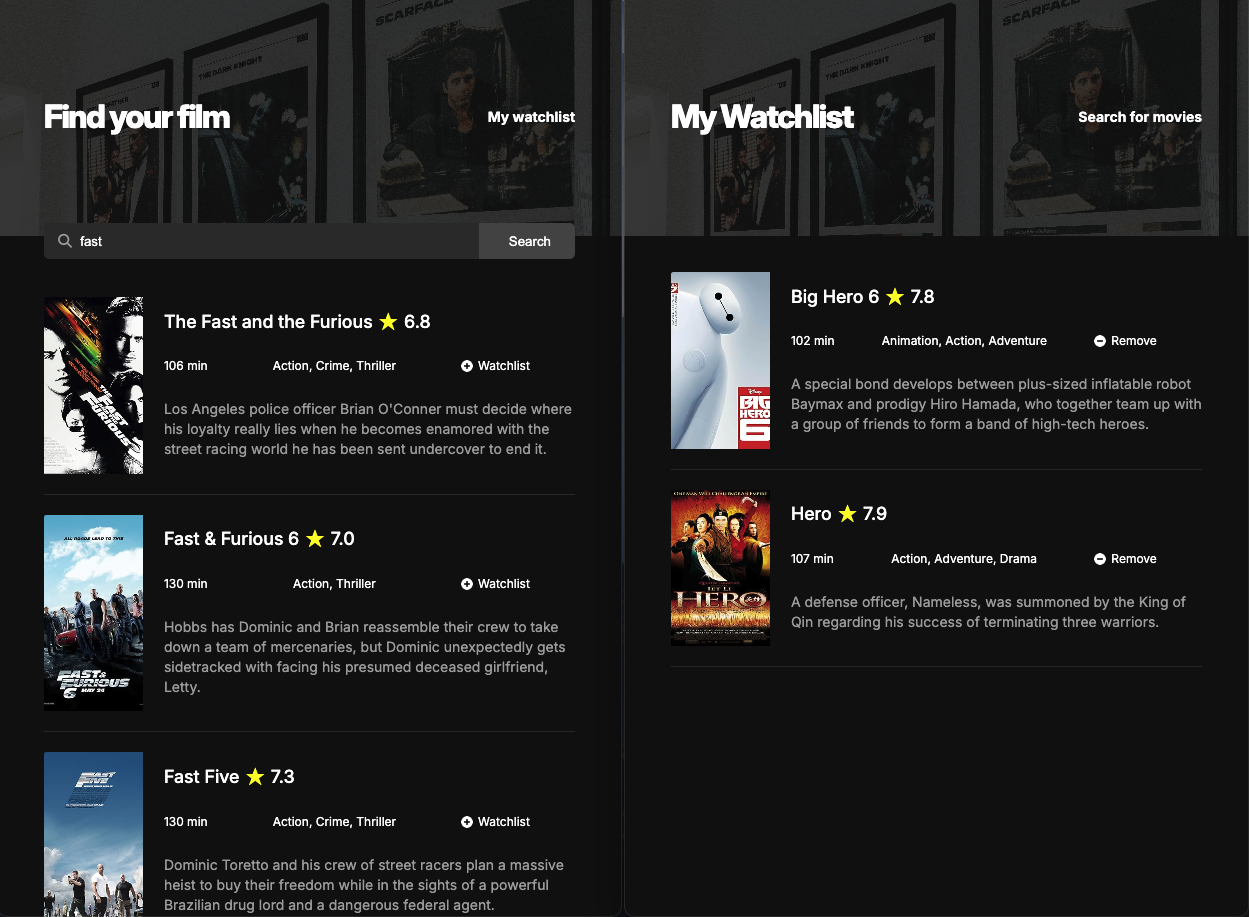 screenshot of movie-watchlist project